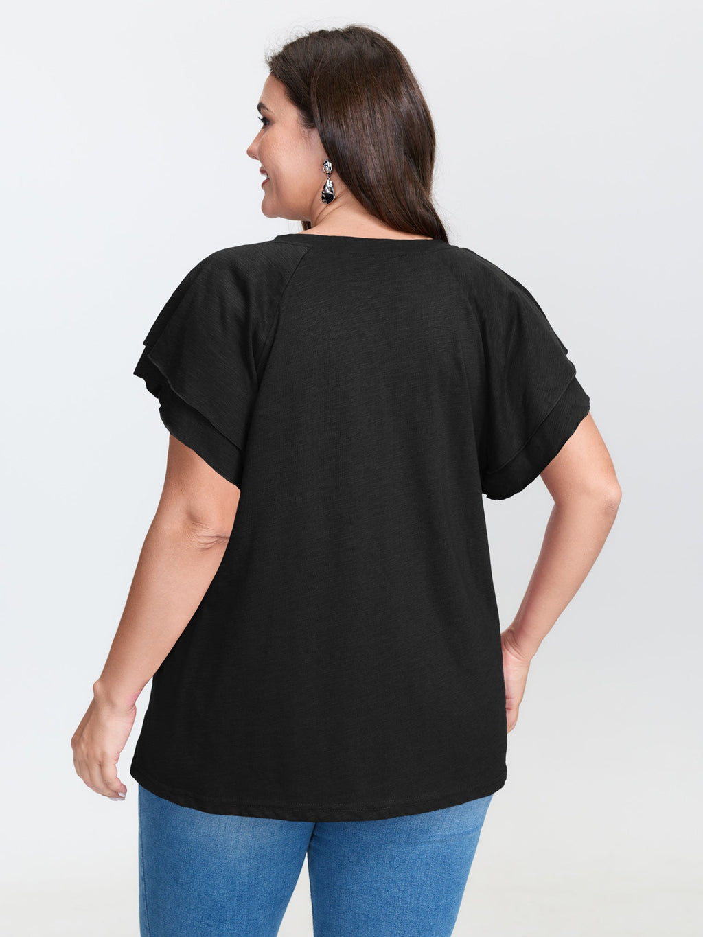Stretchy Textured Flared Sleeve T-Shirt