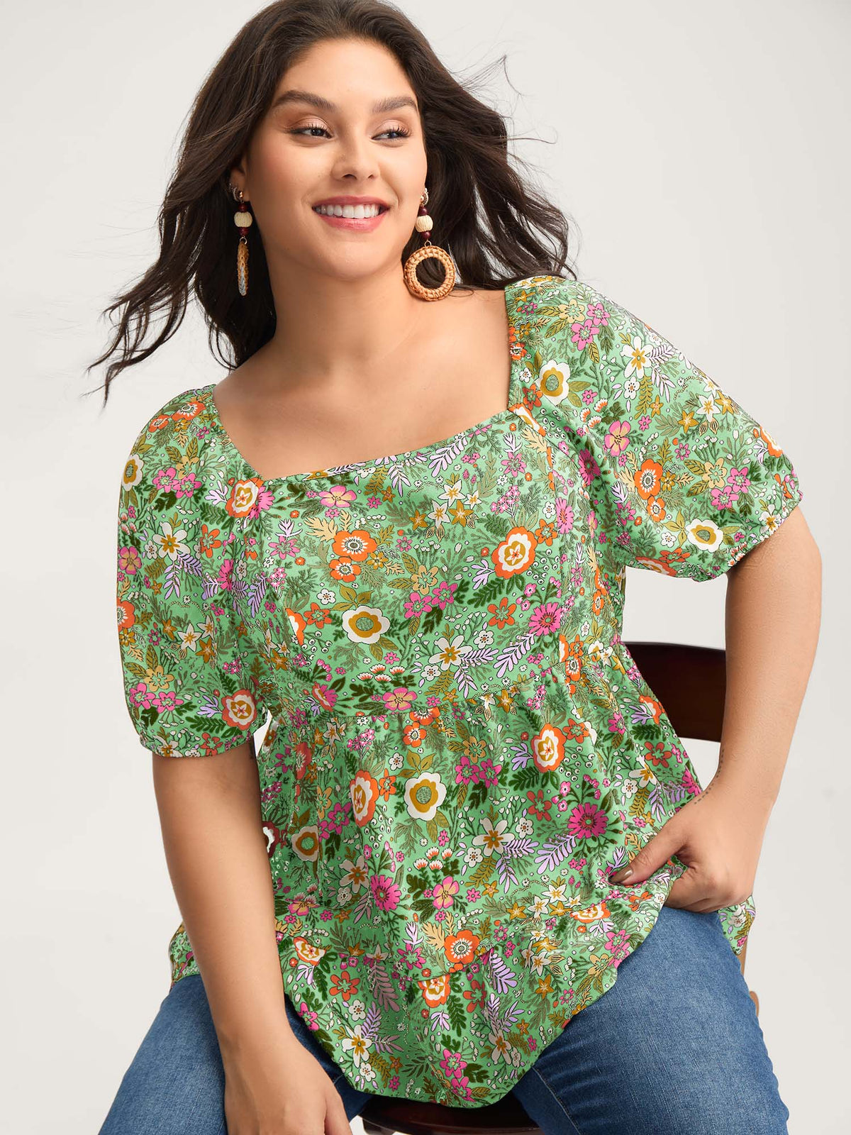 Floral Square Neck Fit and Flare Blouse