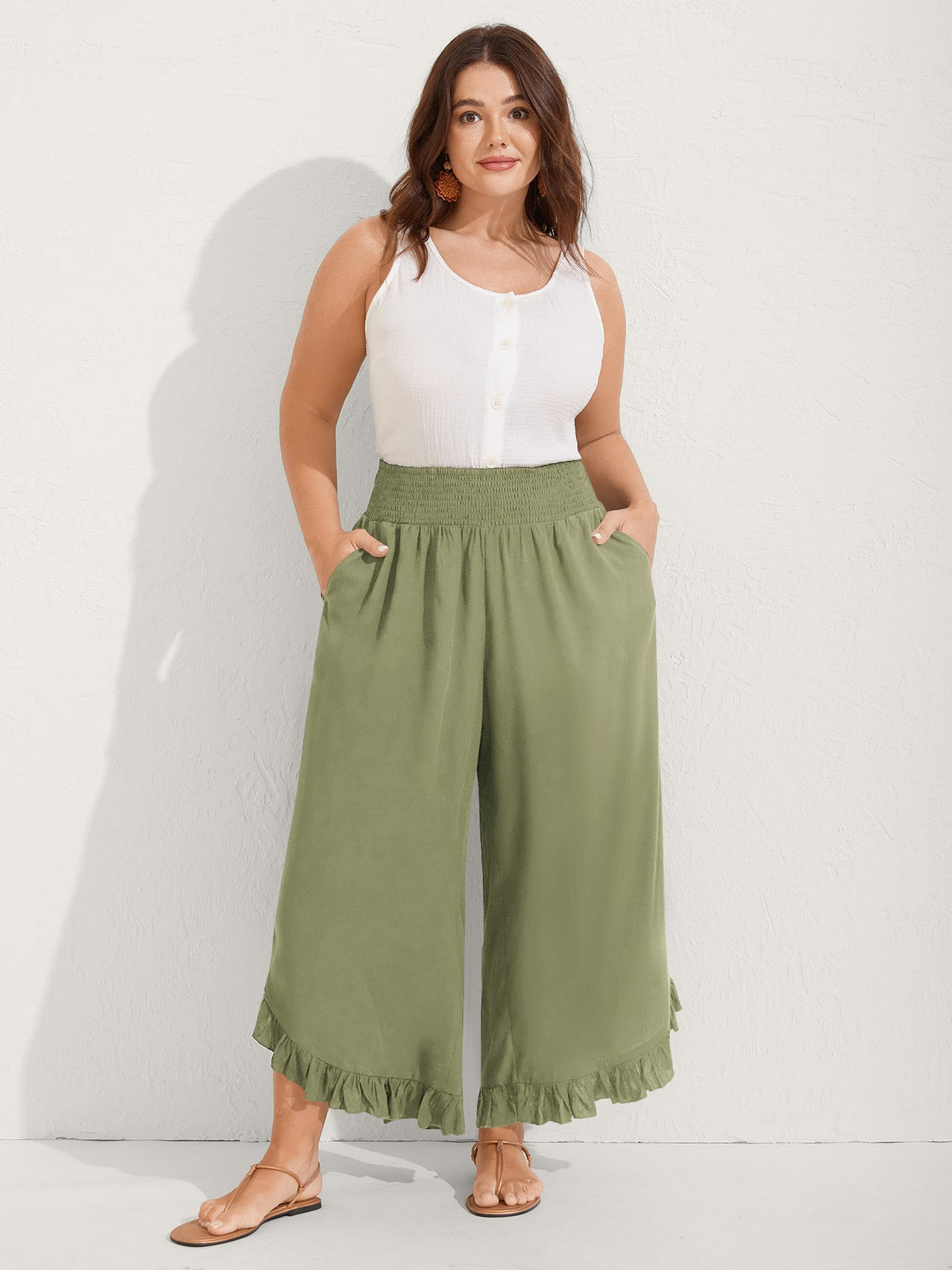 Ruffled Curvy Hem Wide-Leg Pants