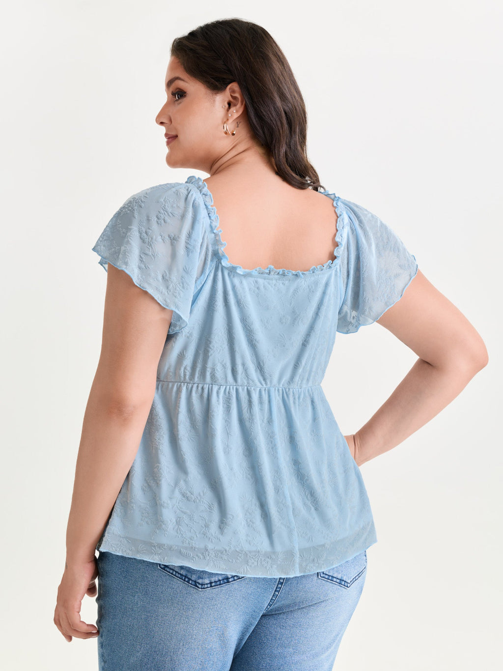 Flocked Floral Drawstring Neckline Knit Top