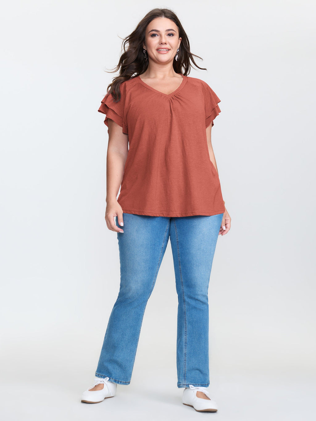 Stretchy Textured Flared Sleeve T-Shirt