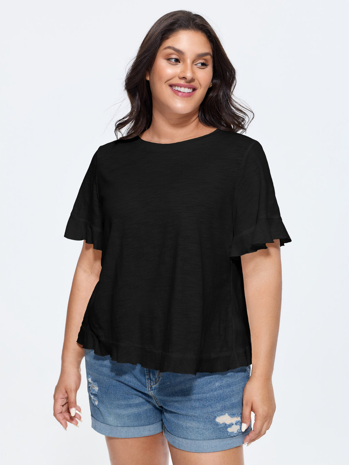 Cotton Overlap Back Sheer Ruffled T-Shirt