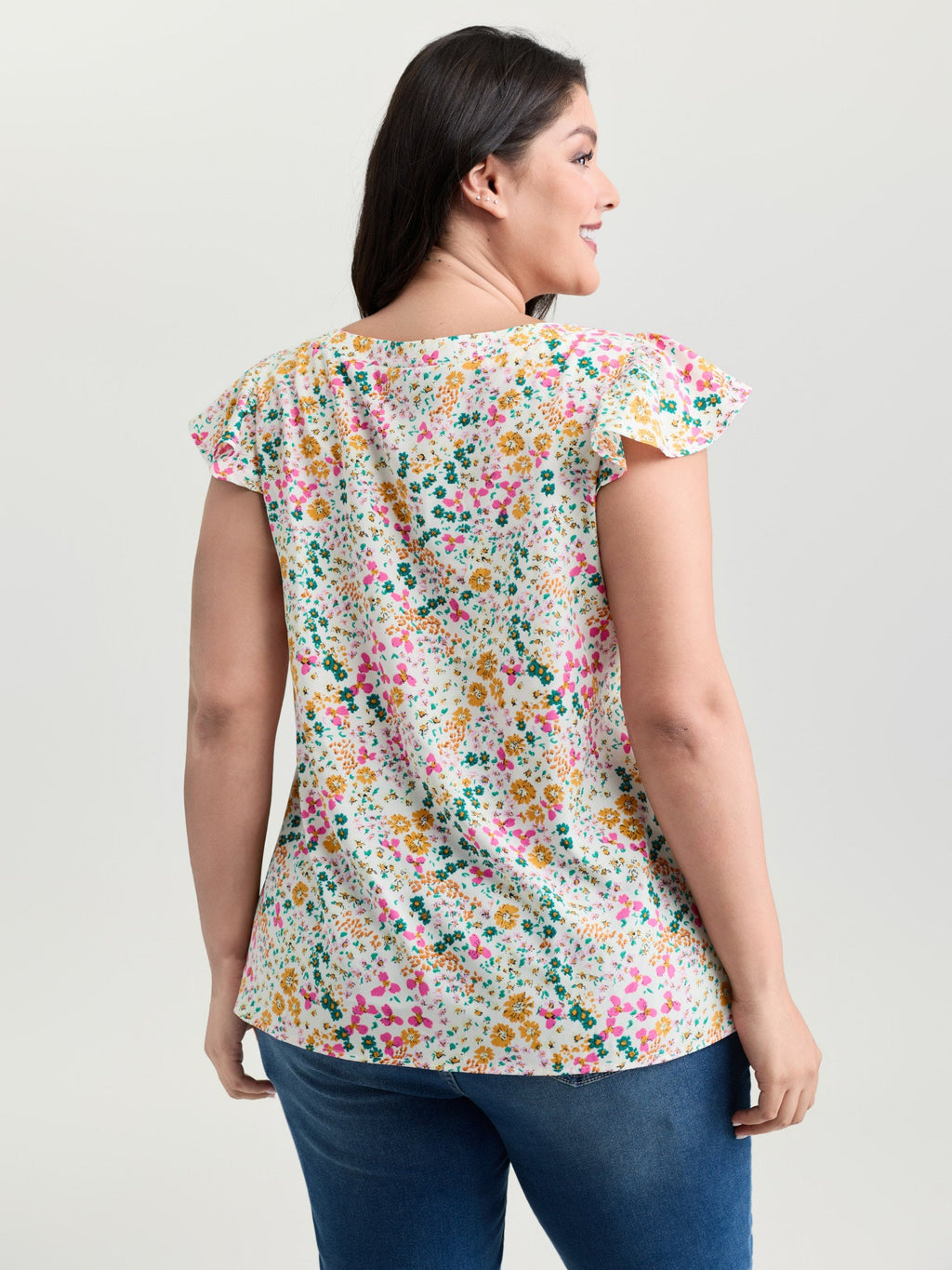 Bright Floral Print Flutter Sleeve Blouse