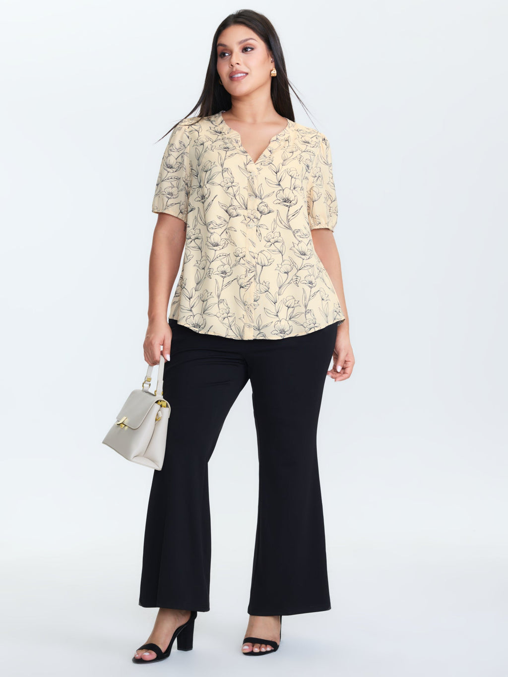 Monochrome Floral Print Button-Down Blouse