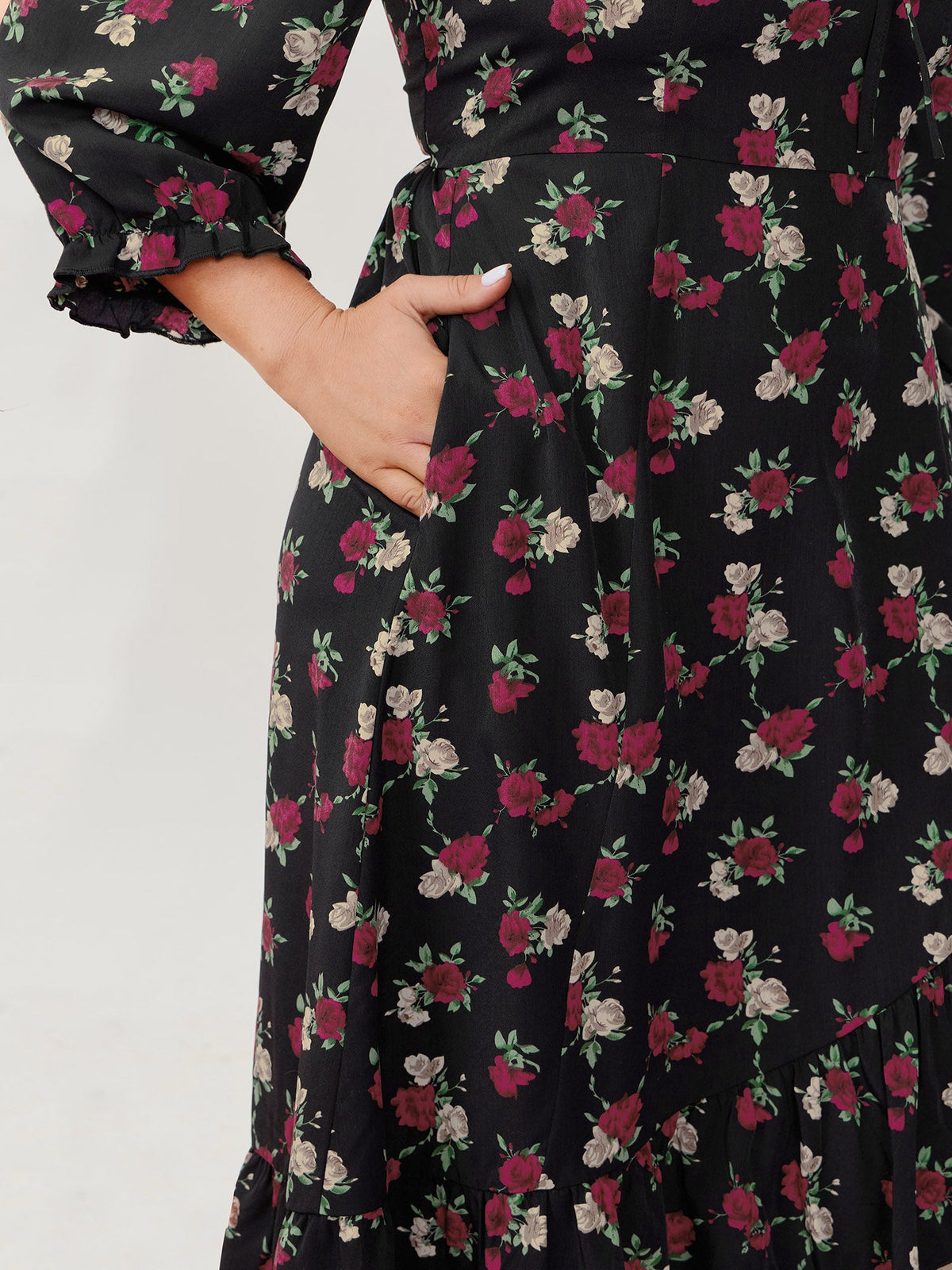Colorful Rose Pattern Drawstring Neckline Midi Dress