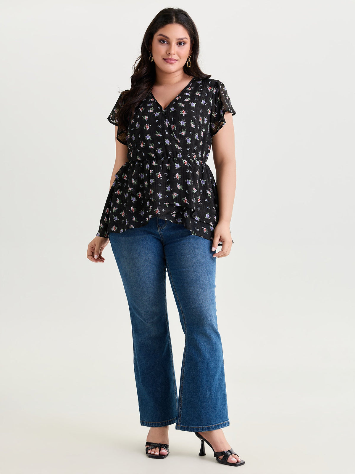 Floral Textured Ruffled Sleeve Blouse