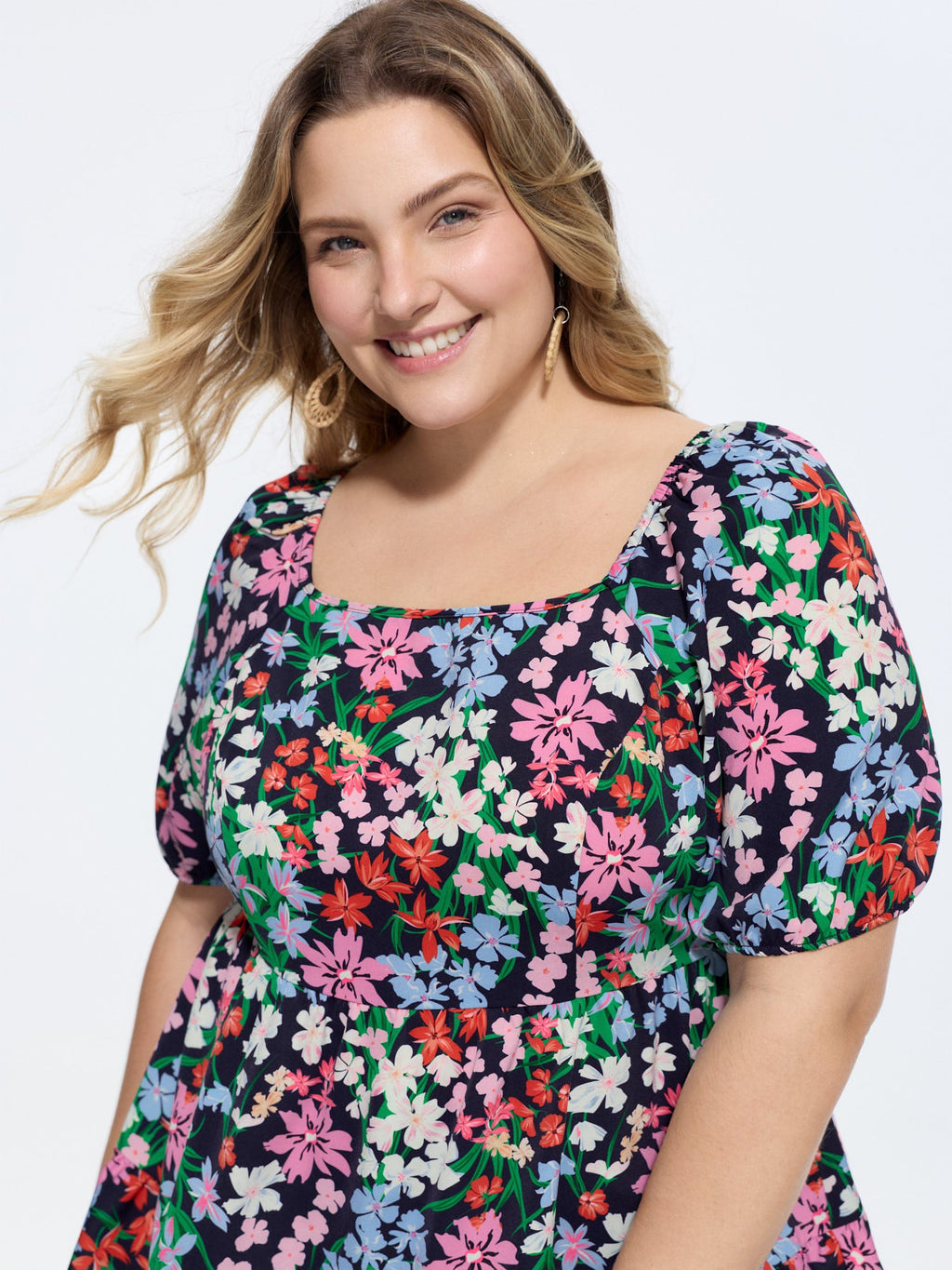 Floral Square Neck Fit and Flare Blouse