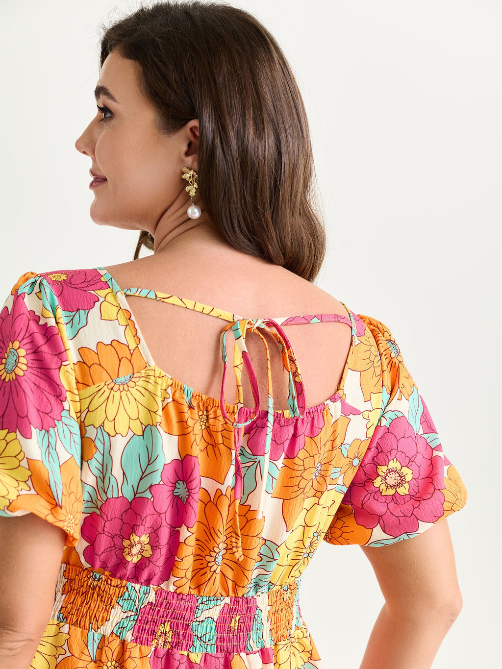 Bright Floral Print Shirred Midi Dress