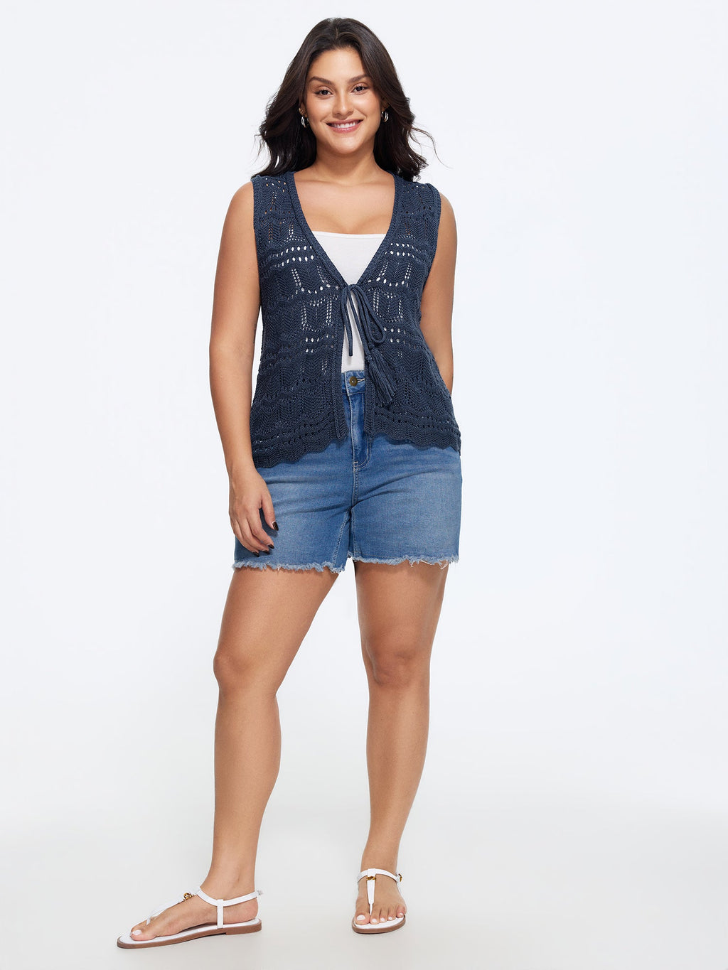 Hollow Out Scalloped Hem Front Tie Sweater Vest