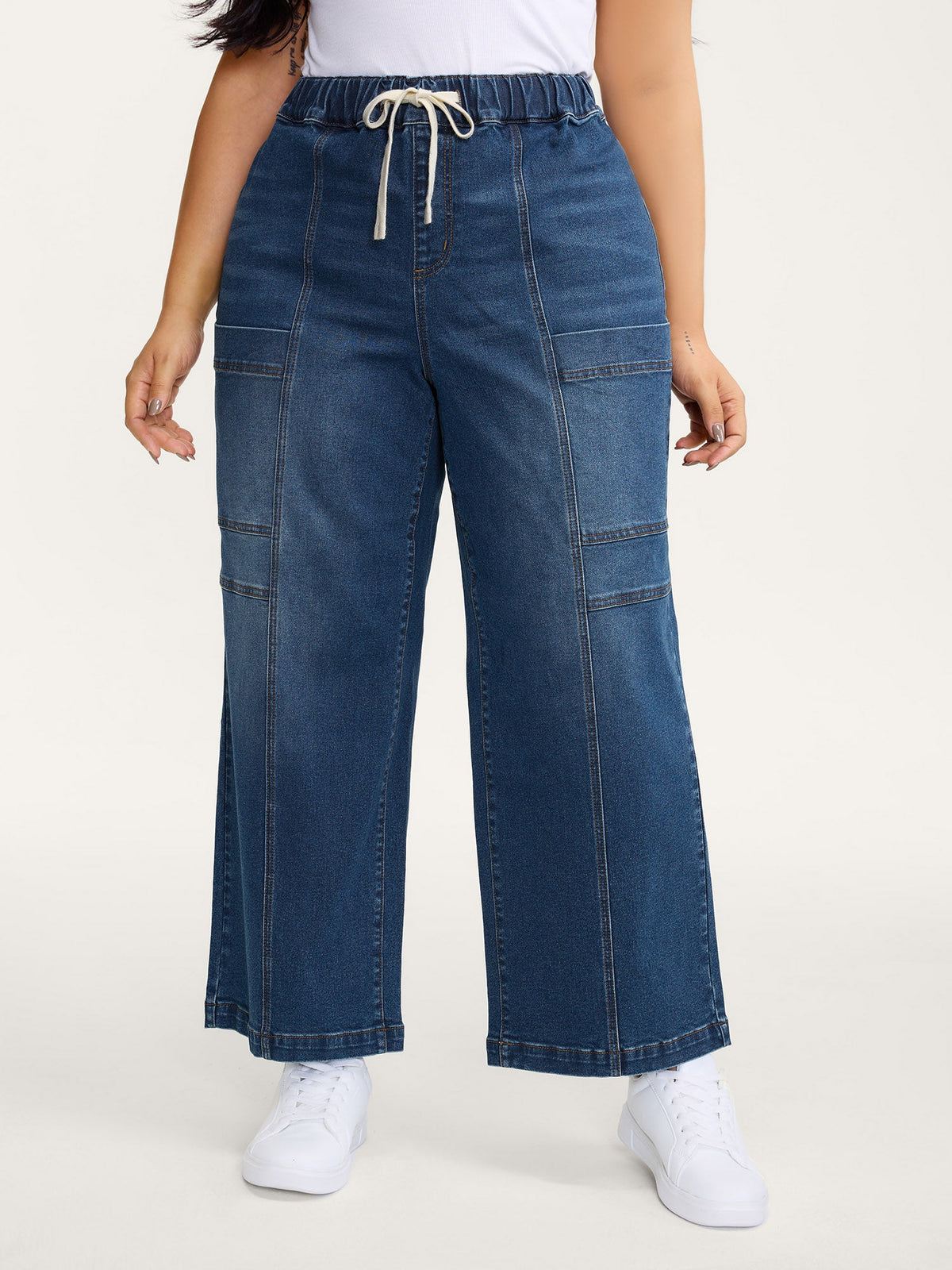 Pull-On Drawstring Straight-Leg Cargo Jeans