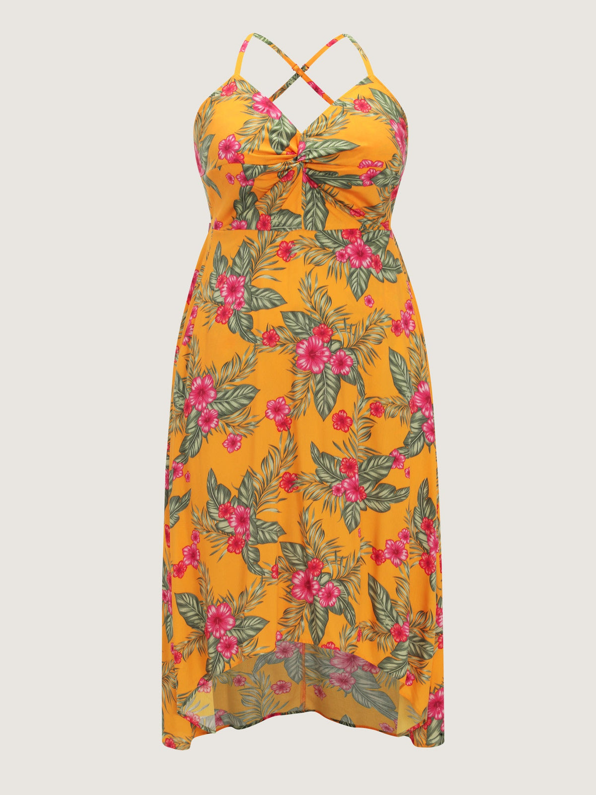 Tropical Print Twist Front Flowy Midi Dress