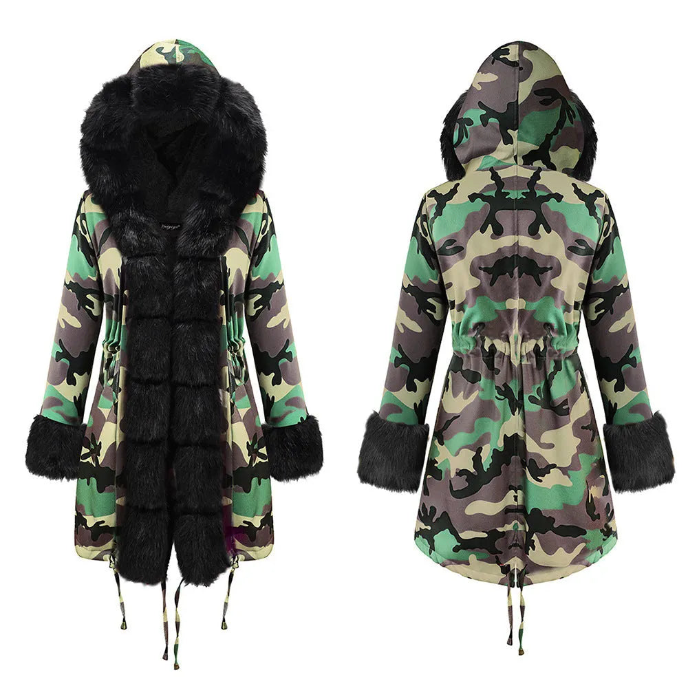 Womens Hooded Camouflage Warm Winter Coats Faux Fur Jacket Parka Overcoat