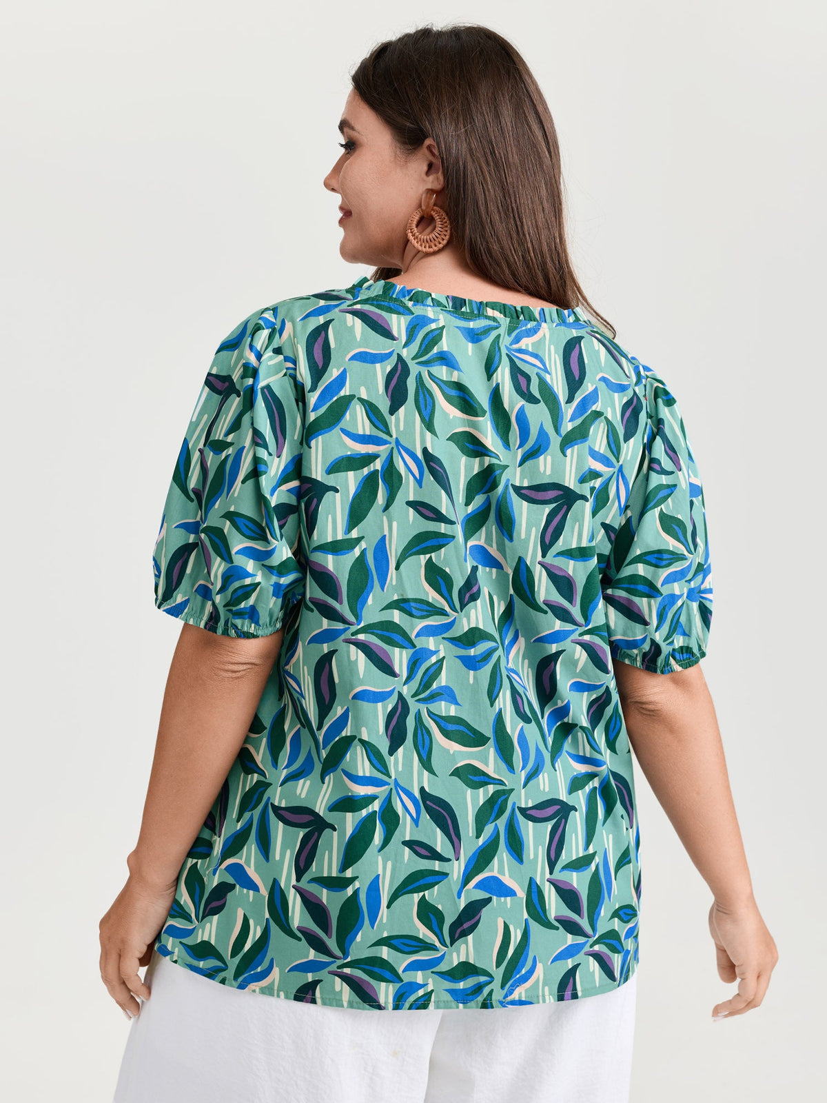 Cotton Tropical Leaf Print Irregular Sleeve Blouse