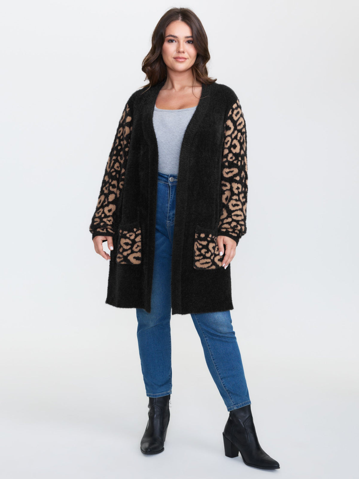 Leopard Jacquard Furry Open-Front Knit Cardigan