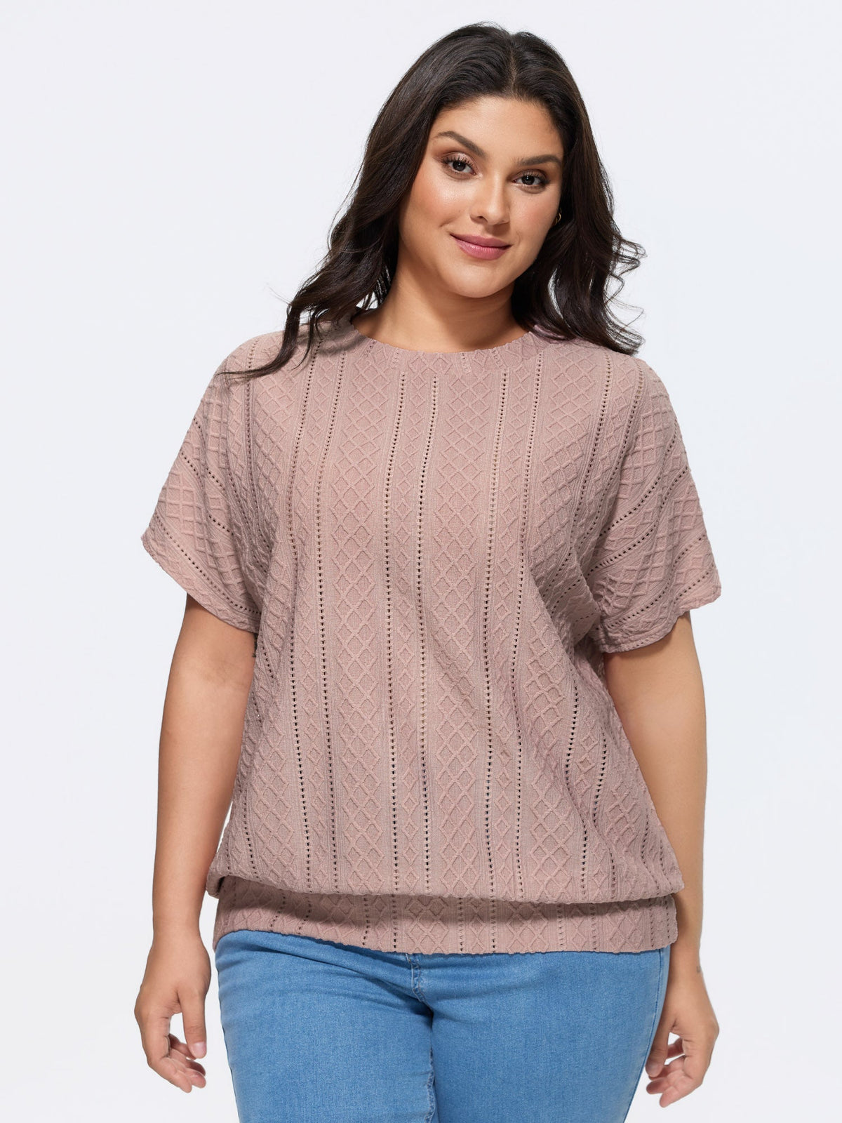 Eyelet Trim Stretchy Textured Plain Top