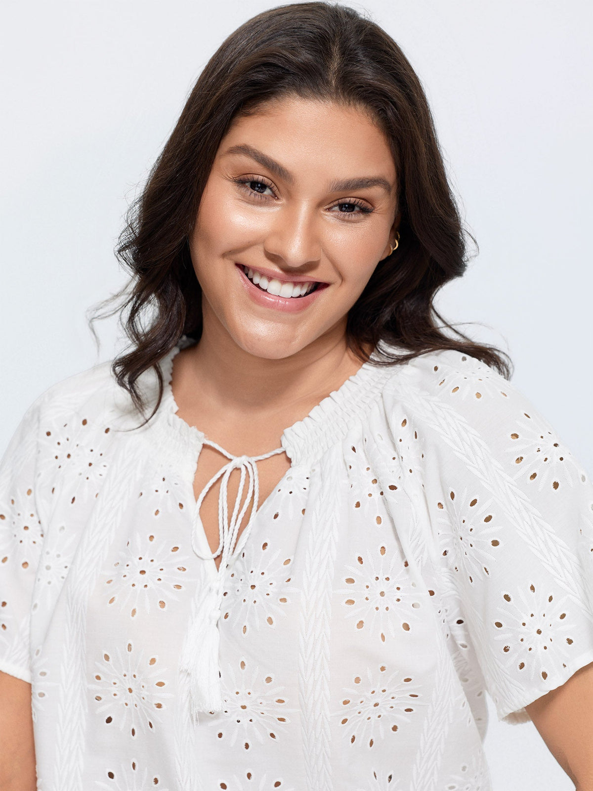 Eyelet Textured Shirred Hem Blouse