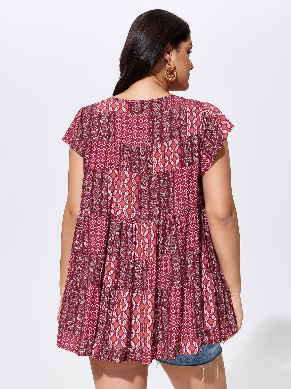 Geometric Print Ruffled Sleeve Top