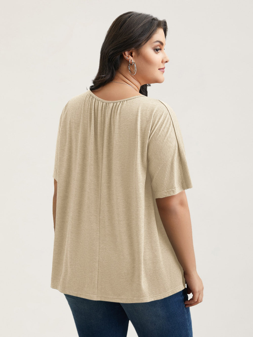 Pleated Plain Half-Sleeve Knit Top
