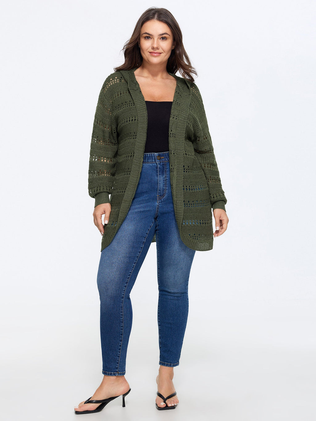 Hooded Open Front Cut Out Long Cardigan