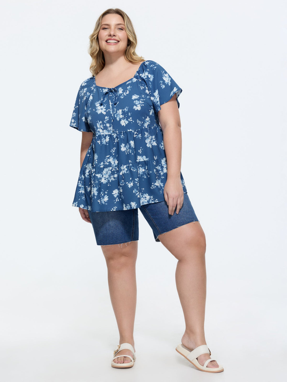 Micro Floral Print Sweetheart Neck Blouse