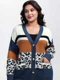 Stripe Color Block Leopard Knit Cardigan