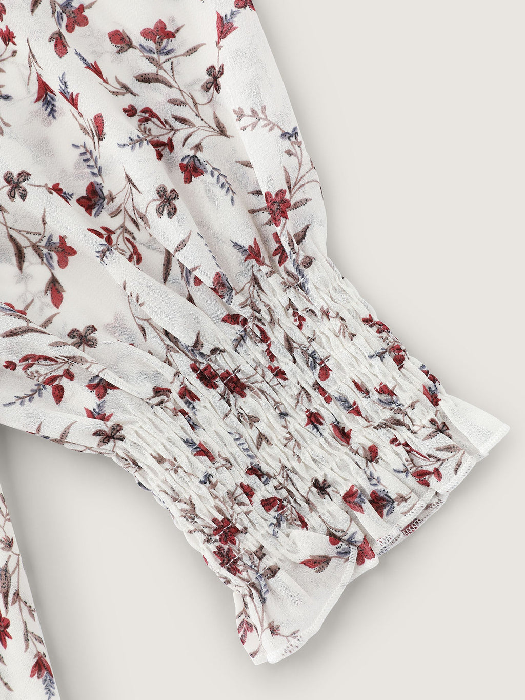 Floral Drawstring Neckline Shirred Blouse