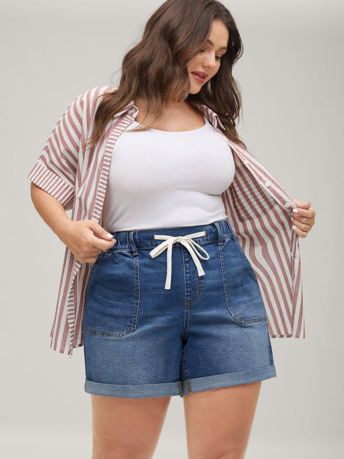 Pull-On Folded Hem High-Rise Denim Shorts