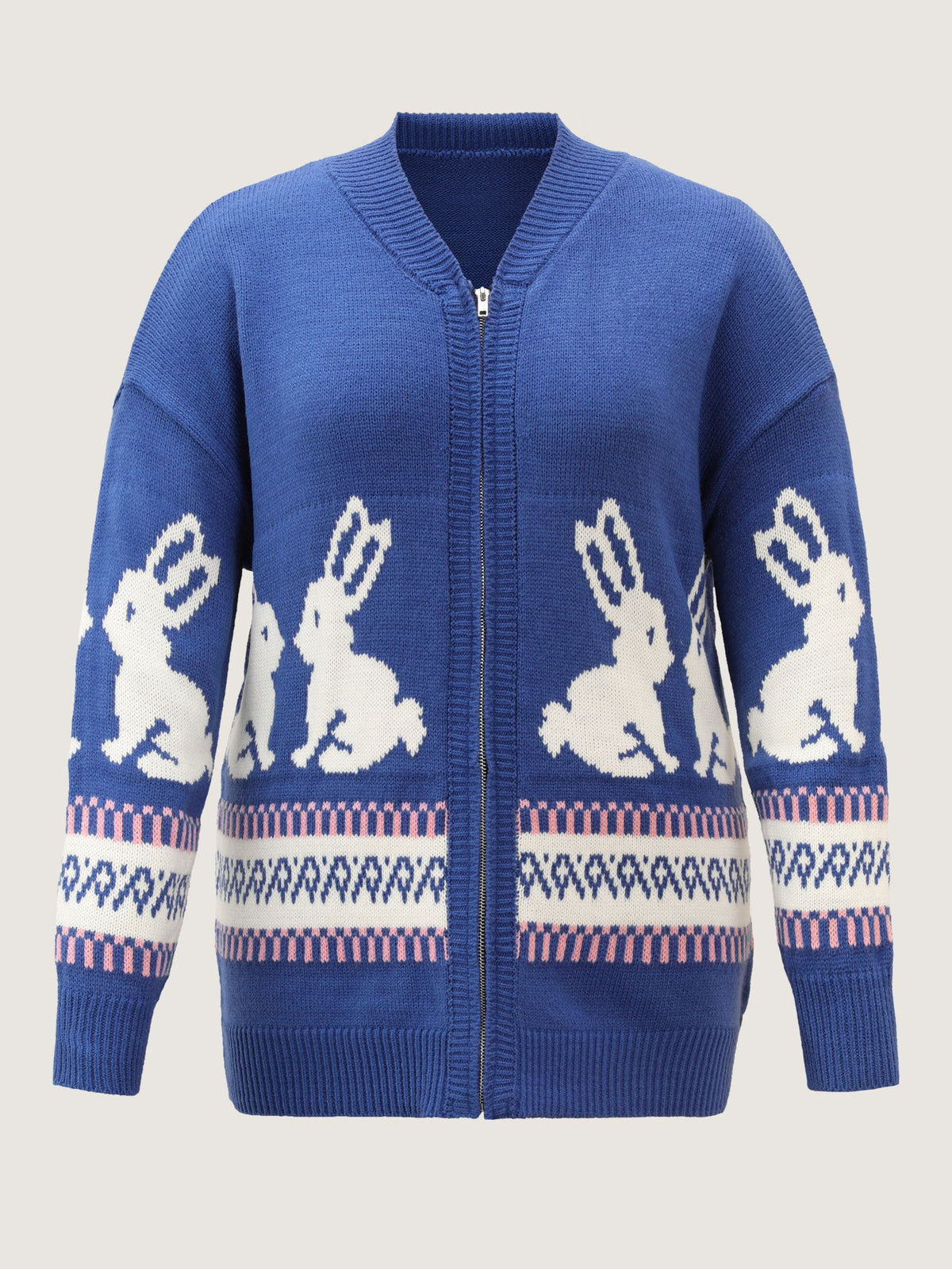 Rabbit Pattern Zipper Baseball Collar Knit Cardigan