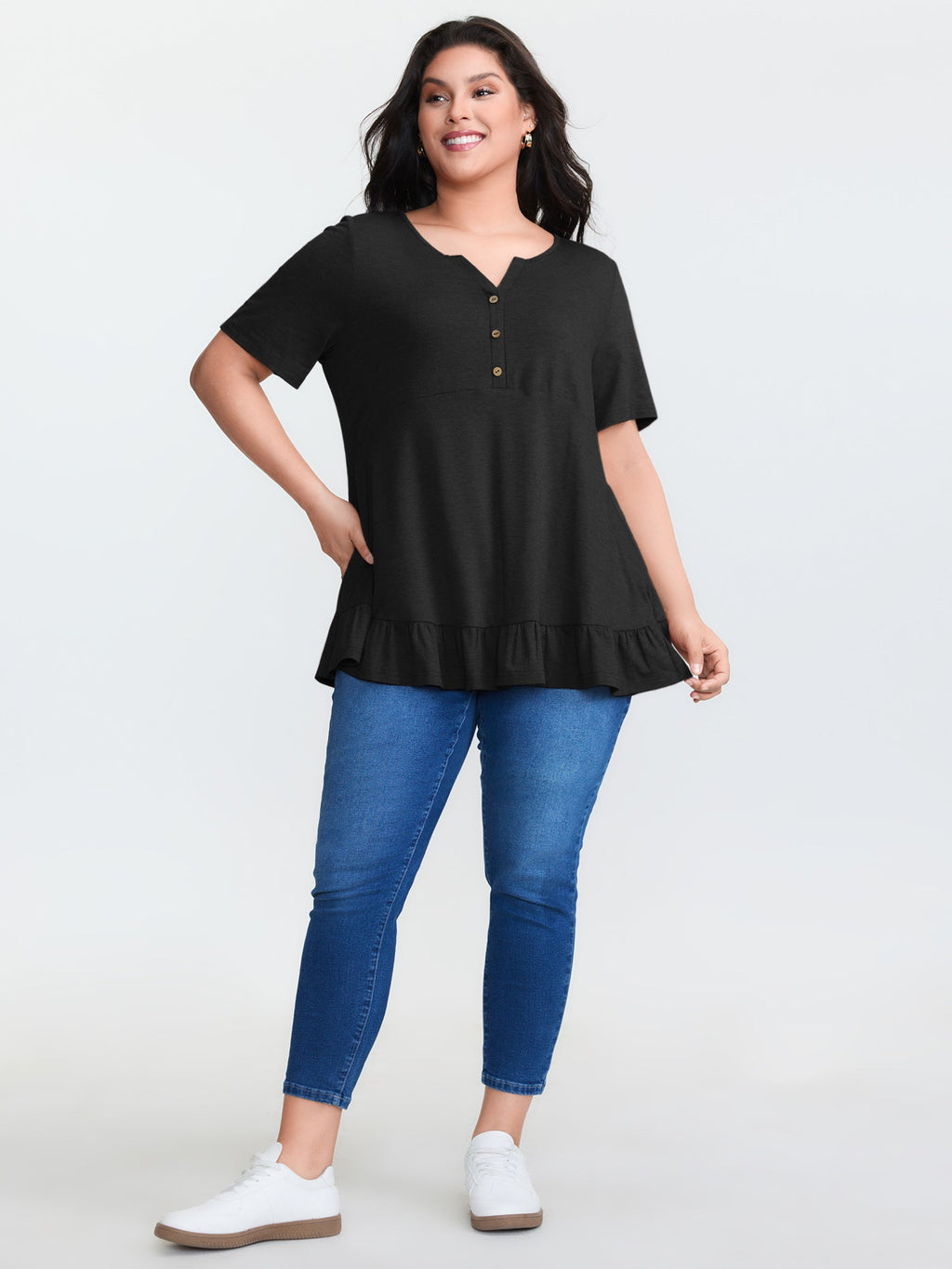 Supersoft Stretchy Ruffled Hemline Button T-Shirt