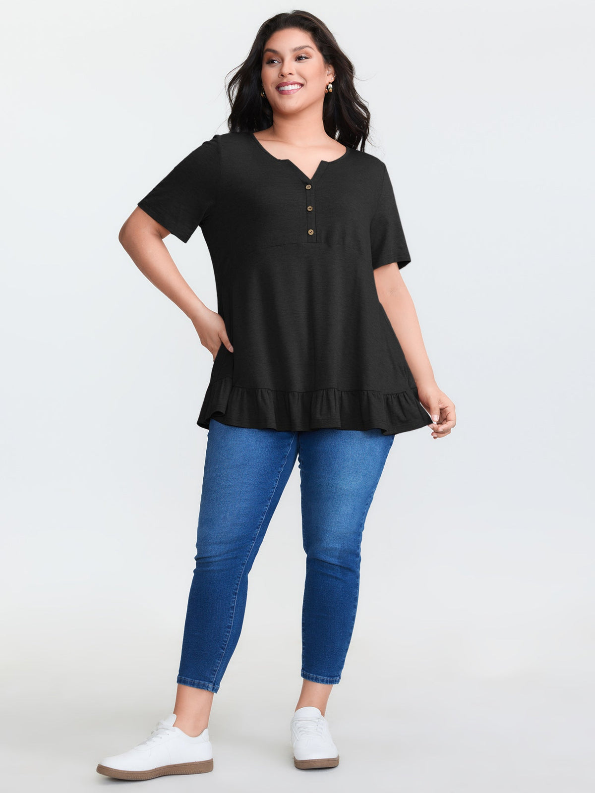 Supersoft Stretchy Ruffled Hemline Button T-Shirt