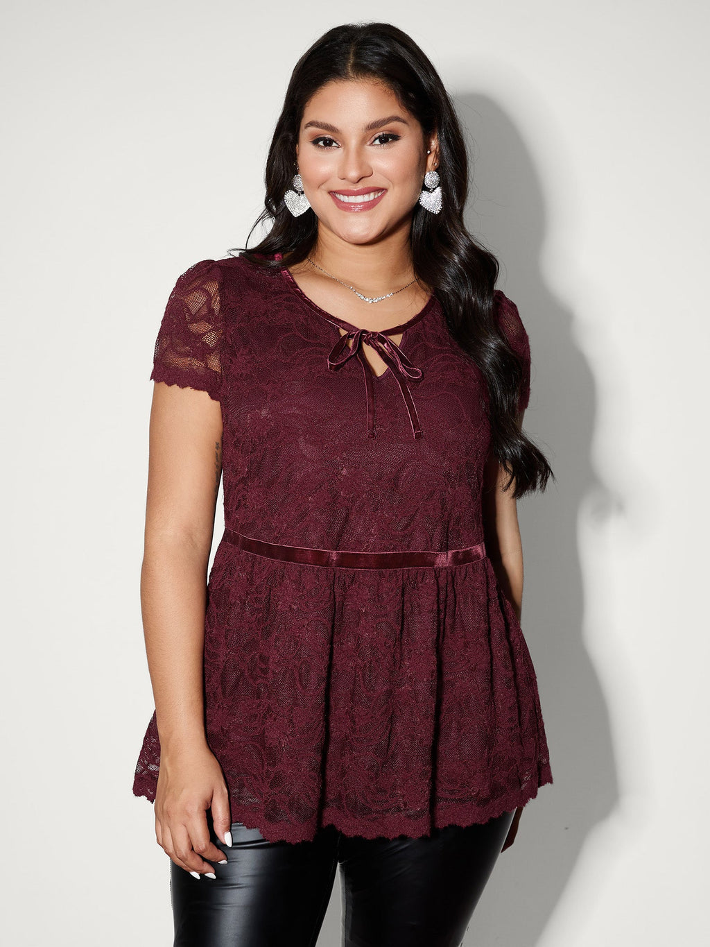 Textured Neck-Tie Cinched-Flared Blouse