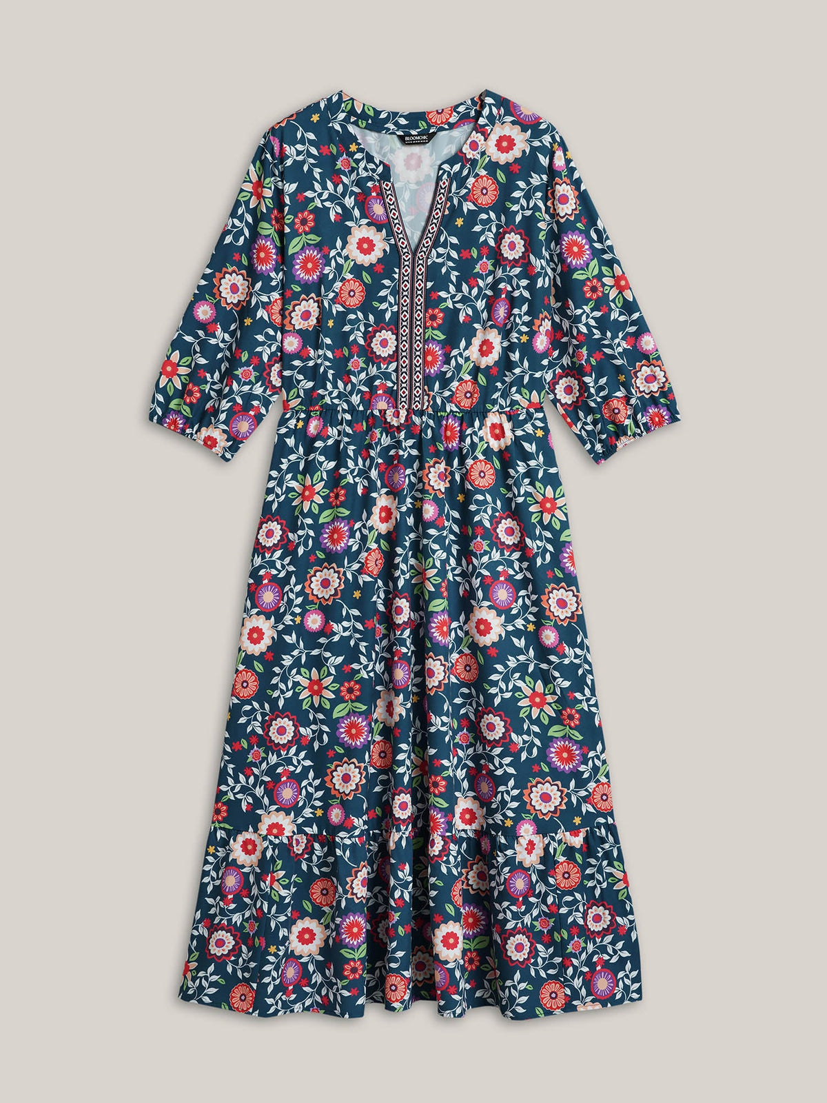 Floral Print Stretchy-Waist Pockets Midi Dress