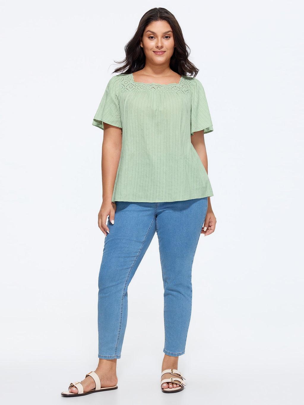 Cotton Lace Neckline Flared Sleeve Blouse