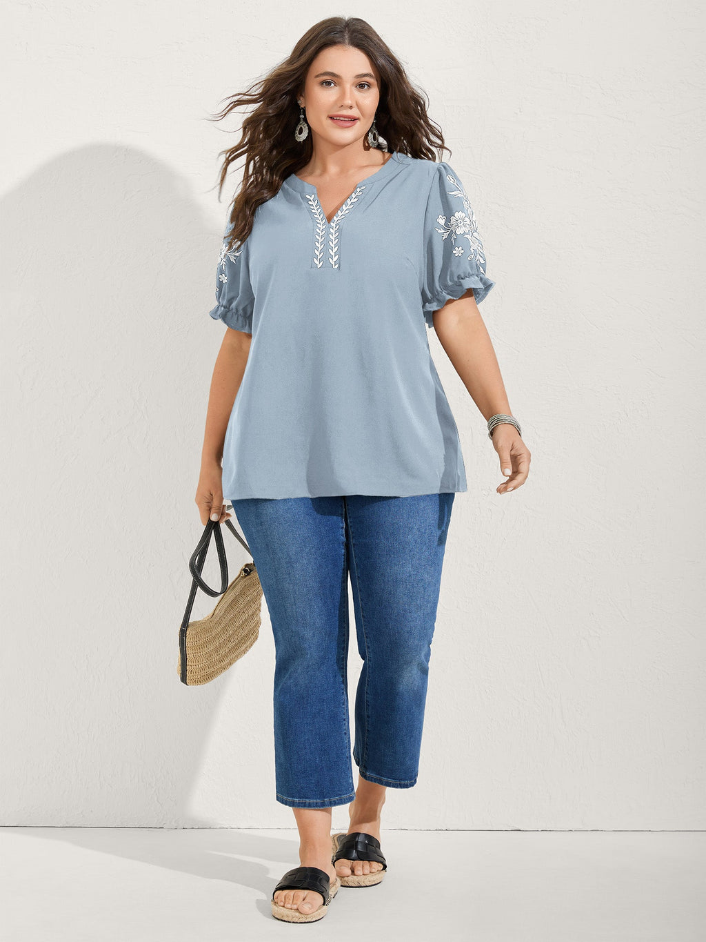 Notched Collar Embroidered Ruffled Blouse