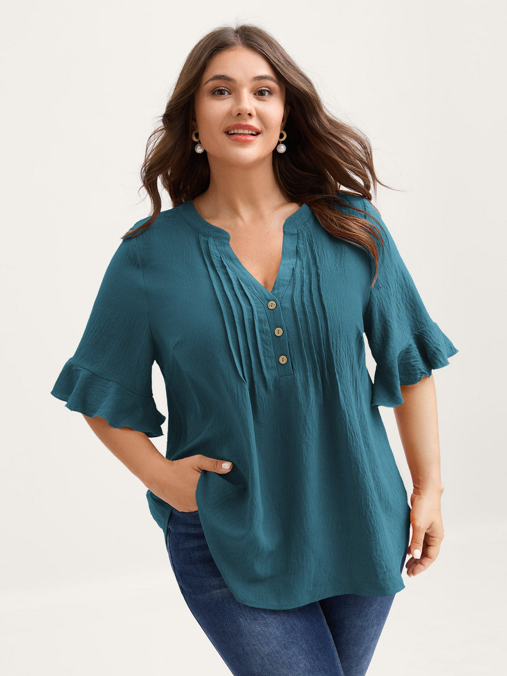 Toothpick Pleats Ruffled Sleeve Solid Blouse