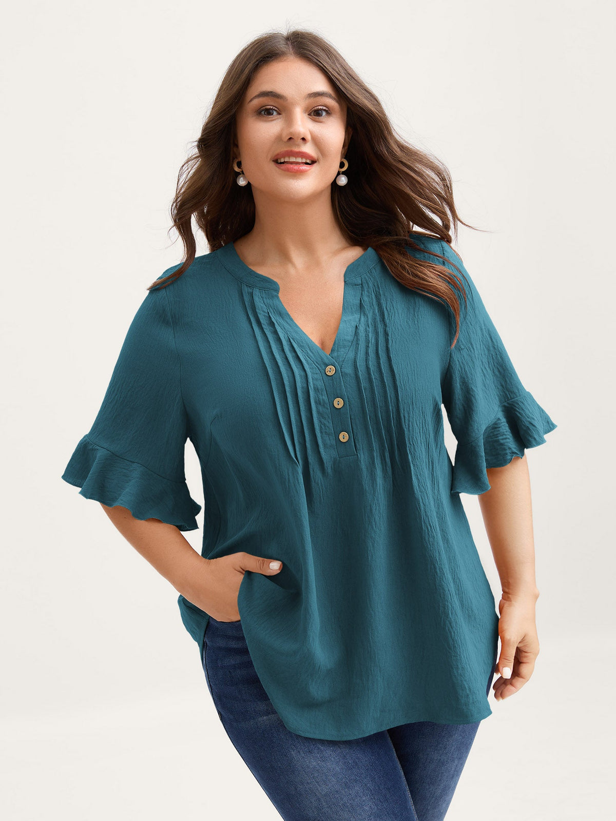 Toothpick Pleats Ruffled Sleeve Solid Blouse