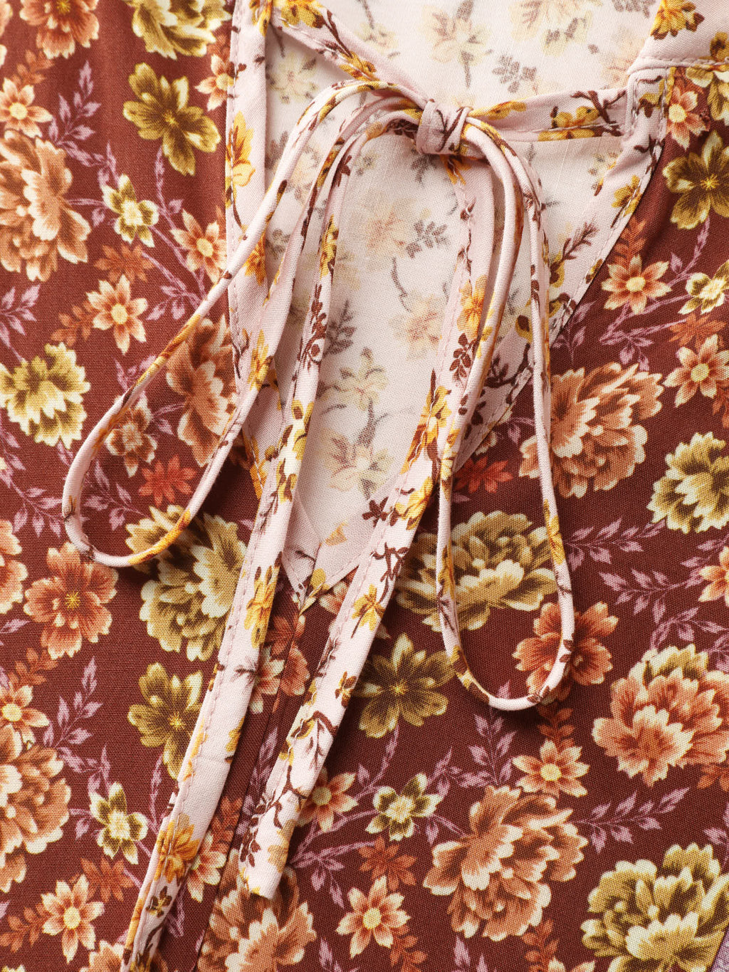 Micro Floral Print Drawstring Neckline Contrast Blouse