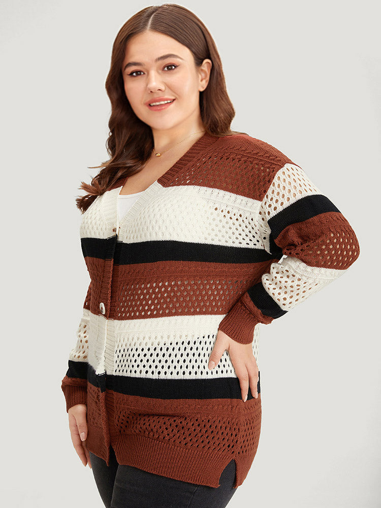 Colorblock Contrast Geo Eyelet Button Through Cardigan
