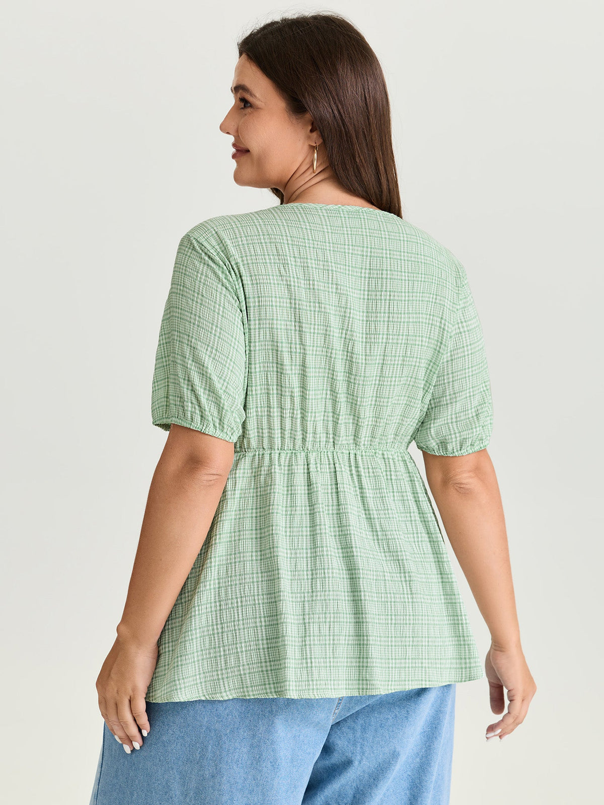 Grid Textured Drawstring Neckline Blouse