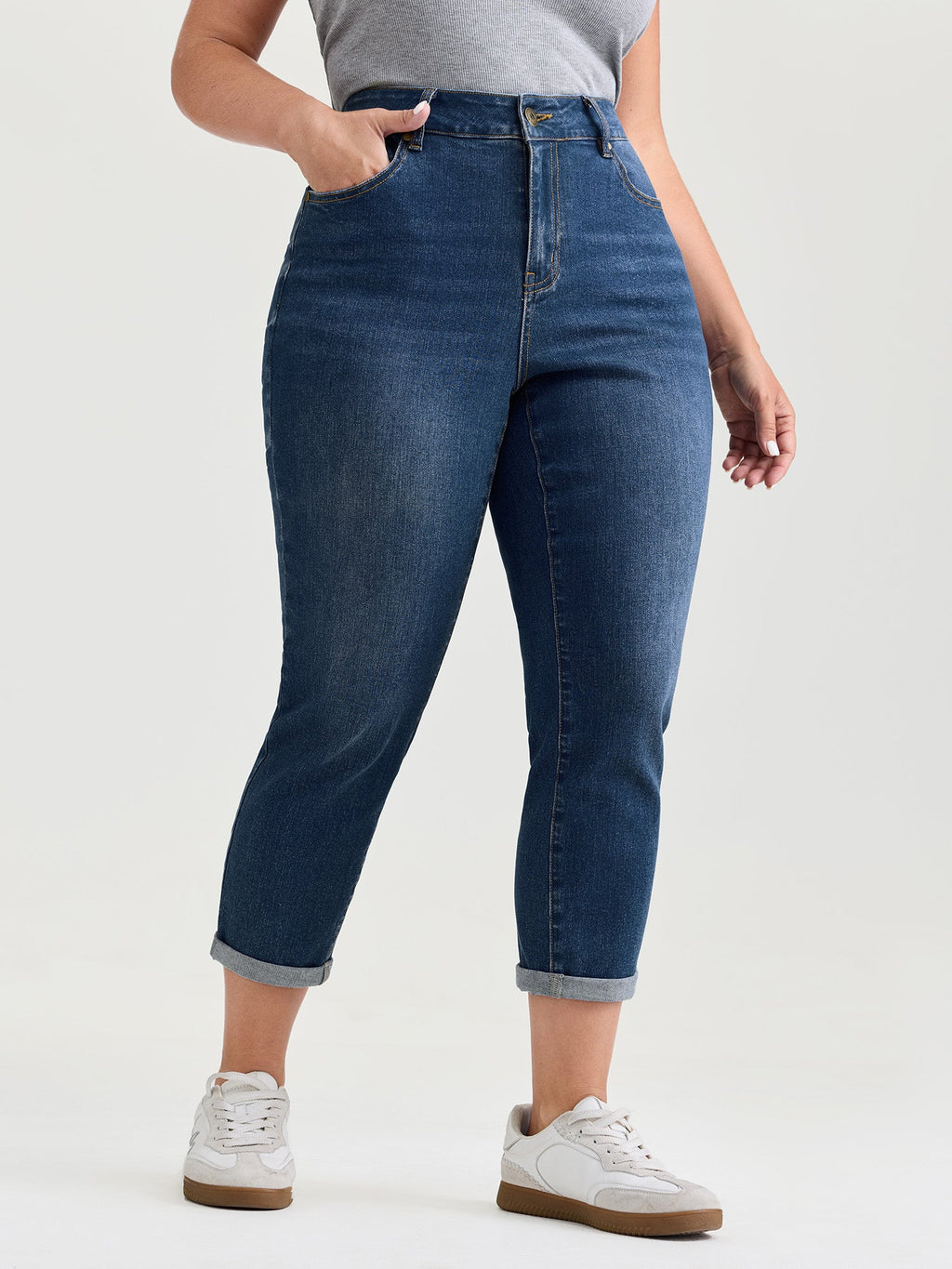 Stretchy High Rise Folded Hem Jeans