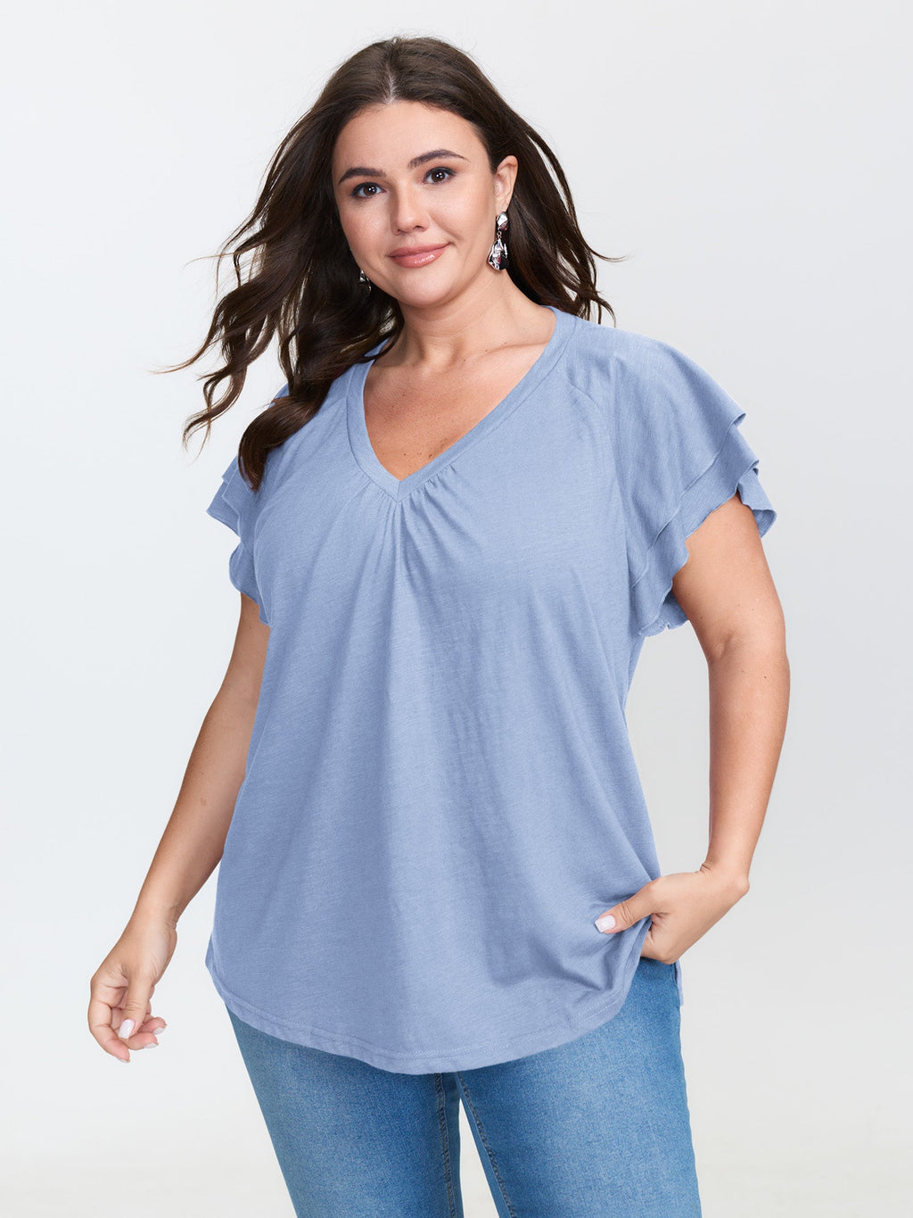 Stretchy Textured Flared Sleeve T-Shirt