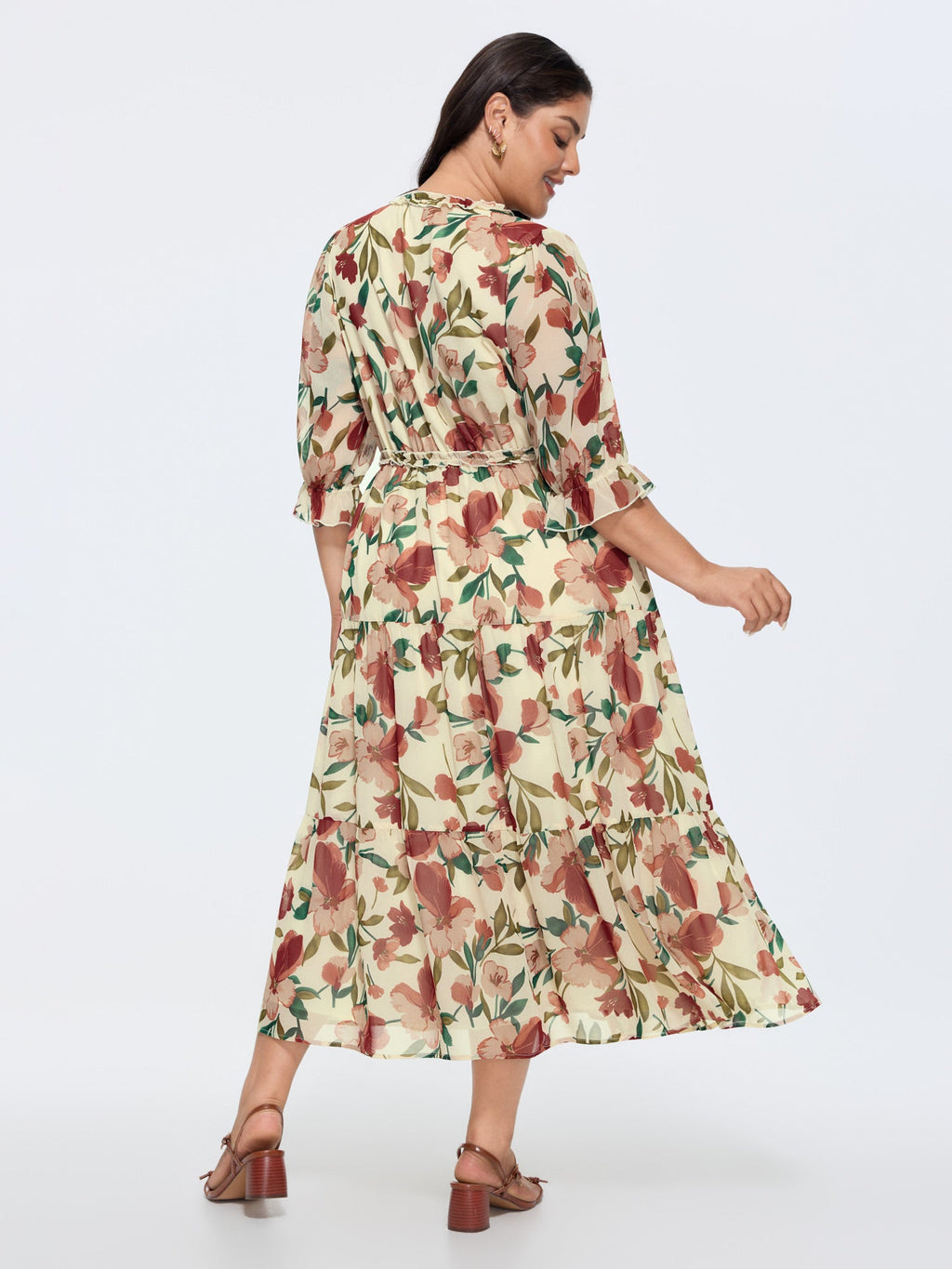 Romantic Floral Print Ruffled Edge Maxi Dress
