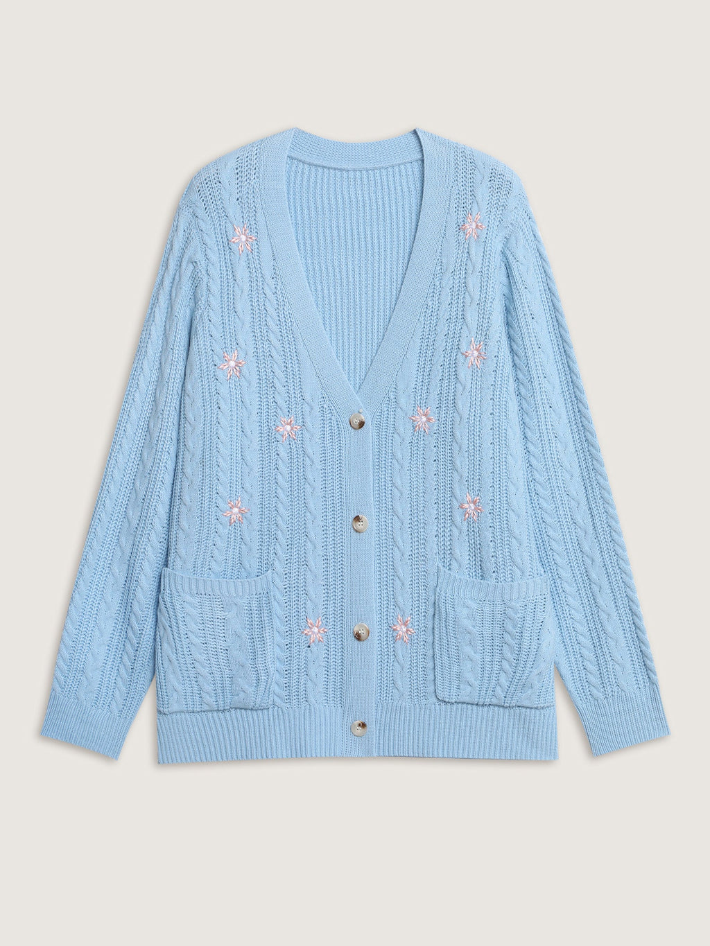 Braided Texture Floral Embroidery Knit Cardigan