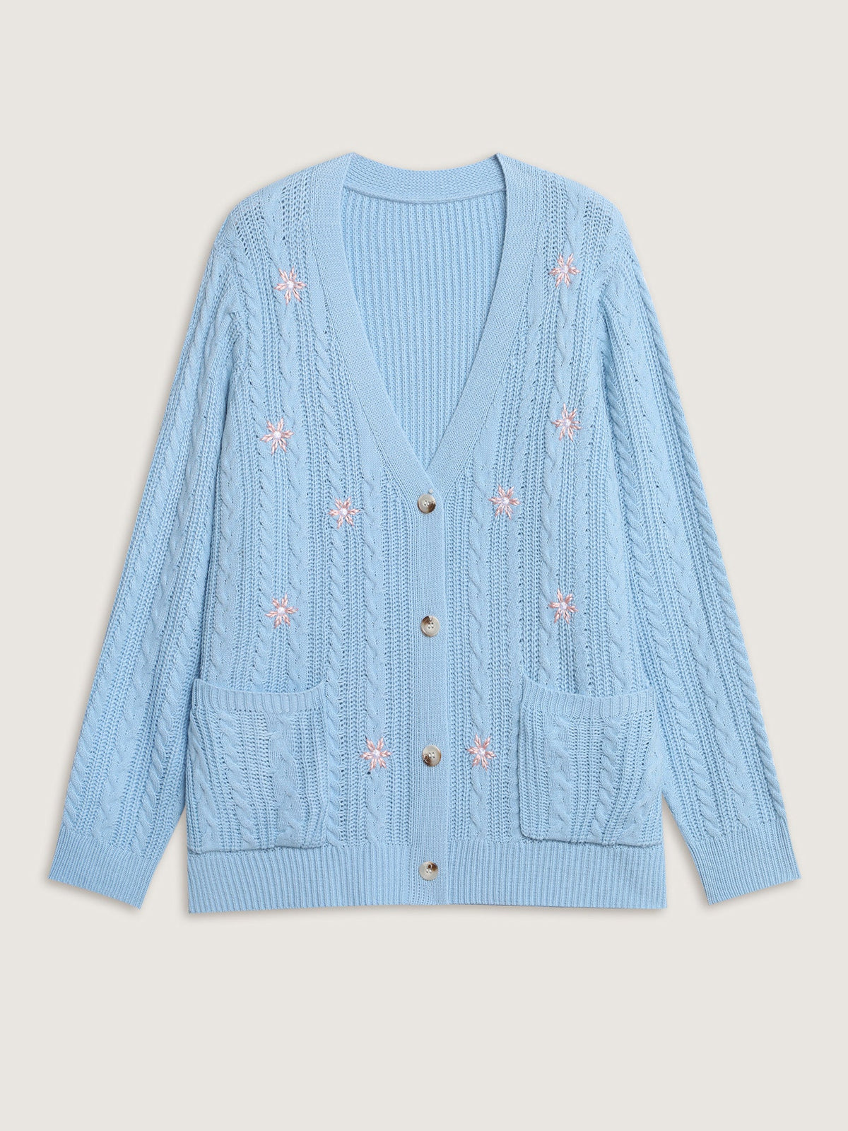 Braided Texture Floral Embroidery Knit Cardigan