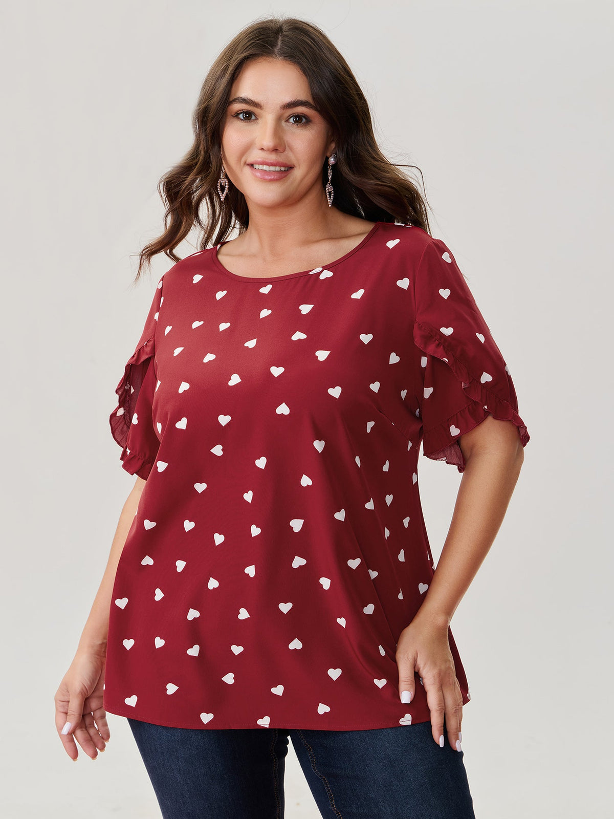 Ruffled Overlap Sleeve Heart Pattern Blouse