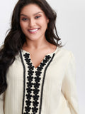 Lace Spliced Textured Lantern Sleeve Blouse