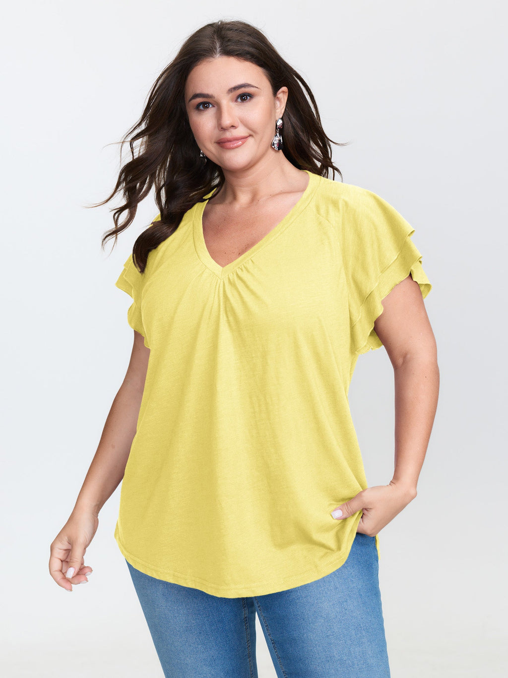 Stretchy Textured Flared Sleeve T-Shirt