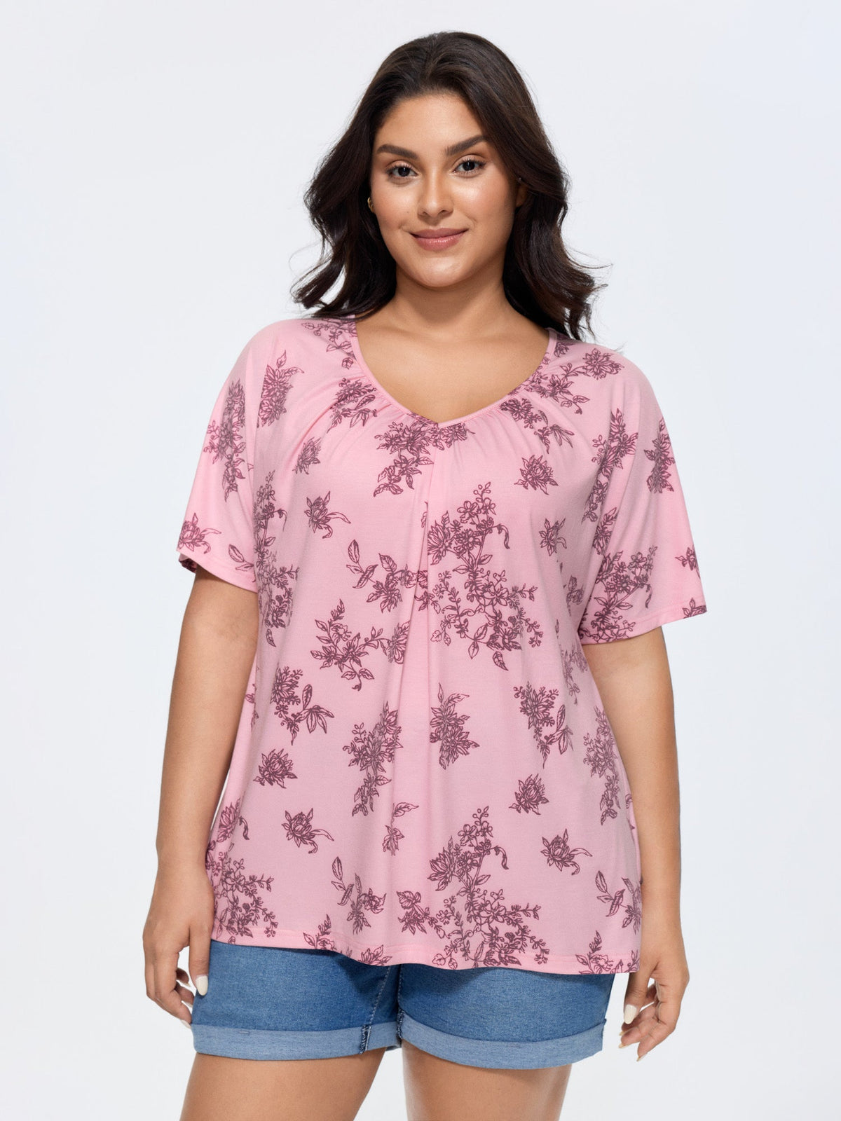 Pleated Plain Half-Sleeve Knit Top