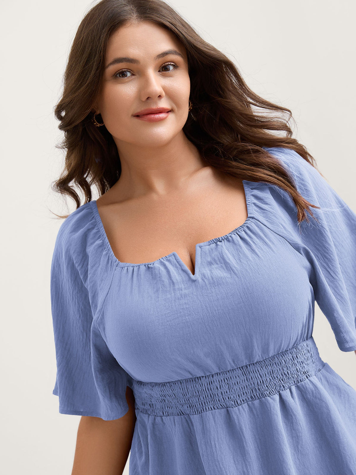 Stretchy Neckline Waist-Cinched Solid Blouse