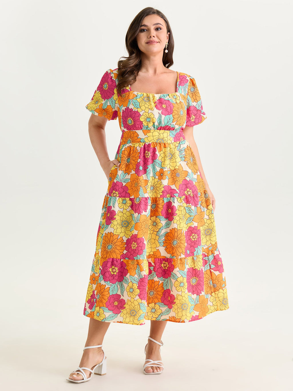 Bright Floral Print Shirred Midi Dress
